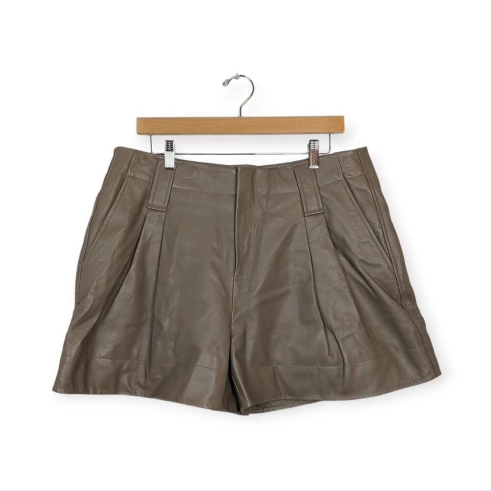 Ganni Shorts 8 Fossil Lamb Leather Pleat Detail High Waist Quiet Luxury NWT